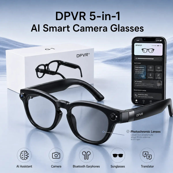 DPVR G1 Smart AI Glasses - Wearable Smart Glasses with 141-Language Translation, Smart Image Recognition, 1080P Offline Video Recording for Everyday Moments, Photochromic Lenses, Never Miss a Great Moment Again Camera BT, Ideal Father